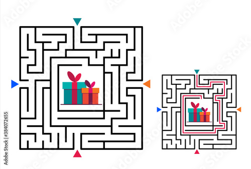 Square maze labyrinth game for kids. Labyrinth logic conundrum. Four entrance and one right way to go. Vector flat illustration isolated on white background.
