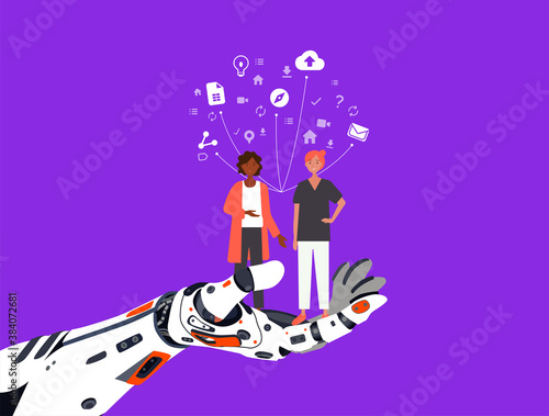 Feminine couple of people they are supporting by artificial hand. Females staying on cyber hand in purple background.