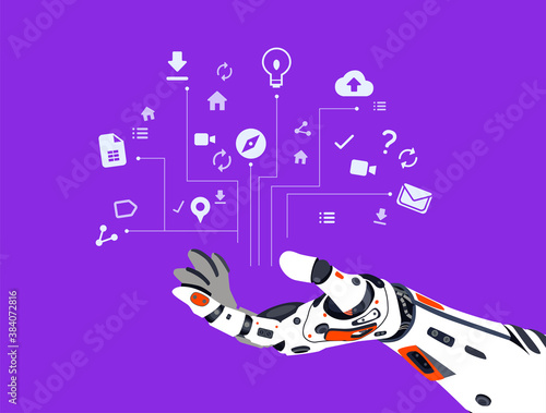 Illustration of social media supporting by artificial intelligence. Hand of cyborg and media icons above it in purple background.