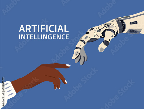 Sign of connection and friendship of artificial intelligence and human in vector style in blue background. © Fxquadro