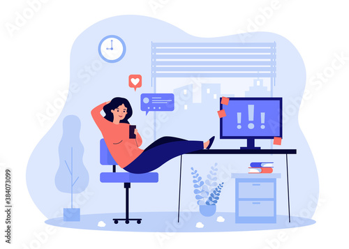 Lazy office person procrastinating at workplace, chatting on cellphone online, ignoring important notes on computer. Vector illustration for leisure time at work, time management failure concept