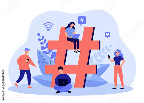 Tiny social media users with gadgets and huge hashtag. Group of people using laptops and smartphone. Flat vector illustration for marketing, advertising, blogging, internet promotion concept