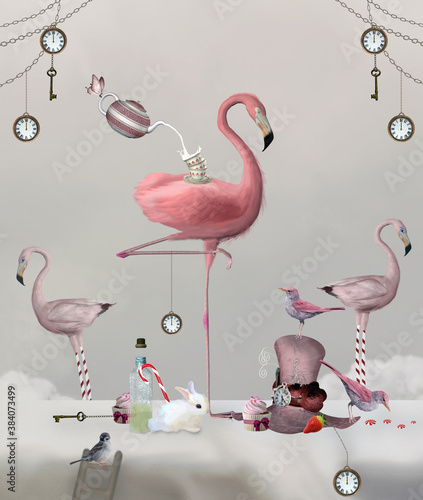 Surreal tea party with a pink flamingo on a table with clocks, keys and sweetness