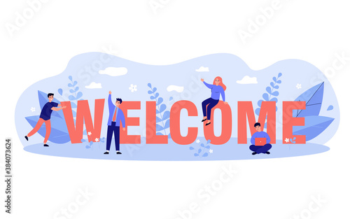 Happy business team welcoming new person to their company. Tiny people making greeting gesture and constructing word. Vector illustration for office welcome party, celebration concept