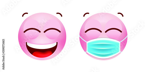Cute Pink Emoticon with Cartoon Style with Medical Facial Mask on White Background . Isolated Vector Illustration 