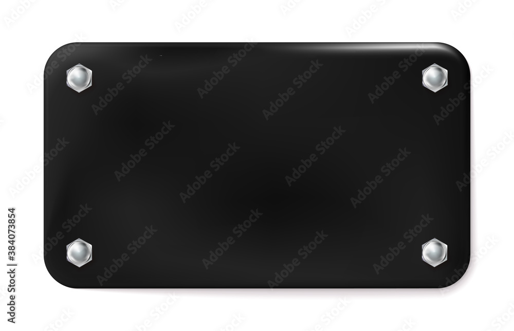 Black painted metal plate with four hexagons chrome screws isolated on white background. Style for graphic and web design, label, template. Cover, stopper. Vector illustration Black painted metal plate with four hexagons chrome screws isolated on white background. Style for graphic and web design, label, template. Cover, stopper. Vector illustration