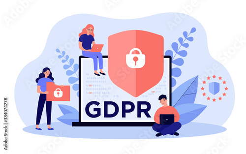 Shield with lock on computer display as symbol of general data protection regulation. People sure of their privacy while using gadgets. Vector illustration for GDPR, information protection concept