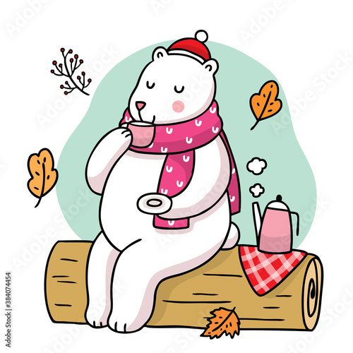 Hand draw cartoon cute polar bear drink tea in the forest vector.