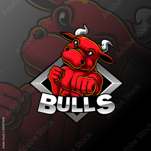 Angry strong bull mascot e sport logo design