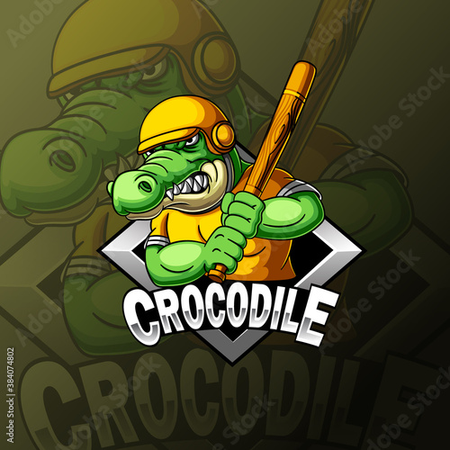 Crocodile in batter position baseball mascot e sport logo design
