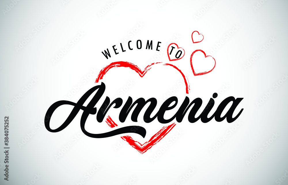 Armenia Welcome To Message with Handwritten Font in Beautiful Red Hearts Vector Illustration.