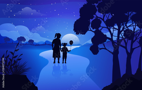 Mountain road with mountain views and night sky landscape background, the child with his mother walks together