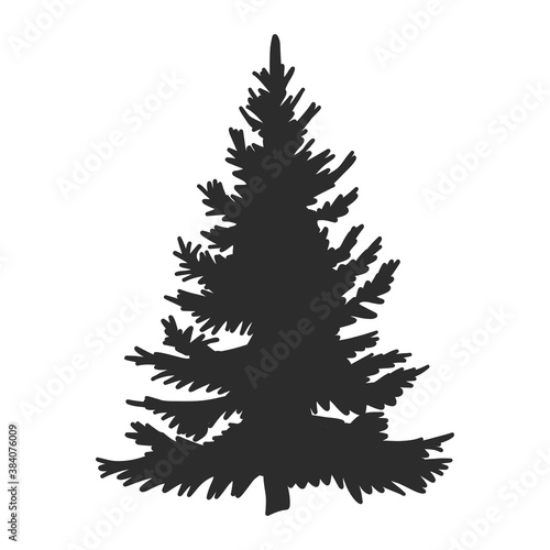 Tree, Christmas fir tree, black silhouette isolated on white background. Vector, spruce tree silhouette, vector illustration