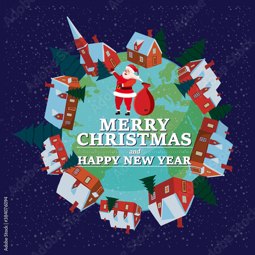 Merry Christmas and Happy New Year holiday Santa Claus carrying sack full of gifts, background Earth planet. Vector illustration