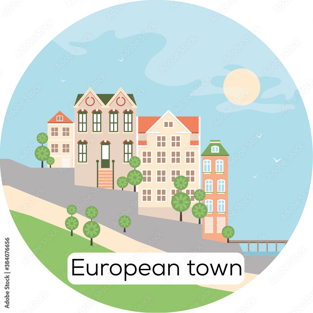 European town Sea Architecture Vector Illustration