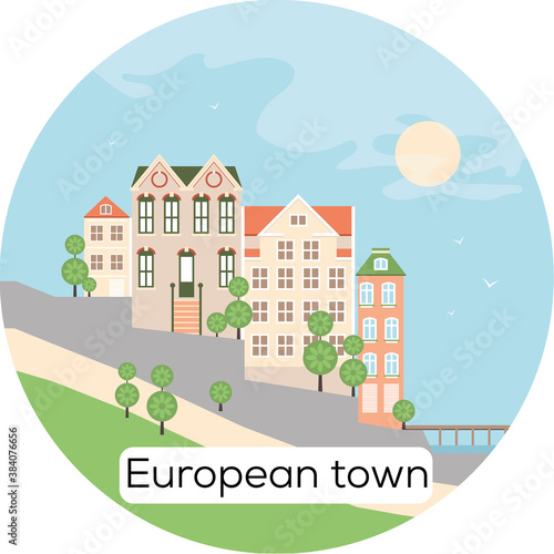 European town Sea Architecture Vector Illustration