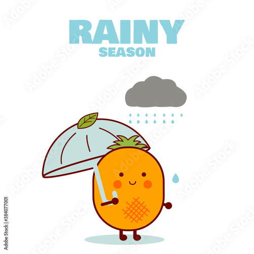 Rainy season. Cute pineapple style. Open an umbrella in a rainy day. Illustration vector.