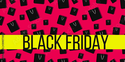 seamless pattern with black paper bag on pink background. cute sale banner on black friday. illustration in flat style