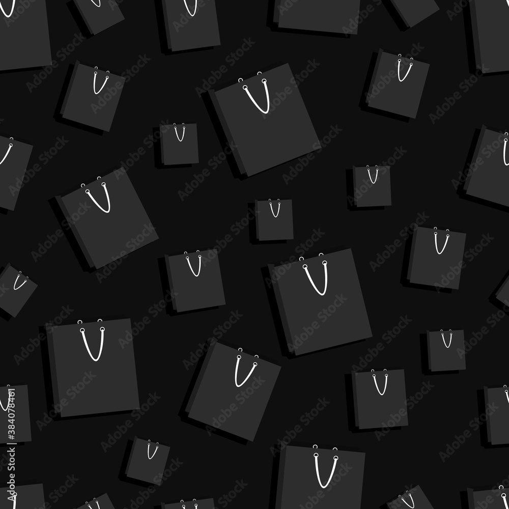 seamless pattern with black paper bag on dark background. cute sale banner on black friday. illustration in flat style