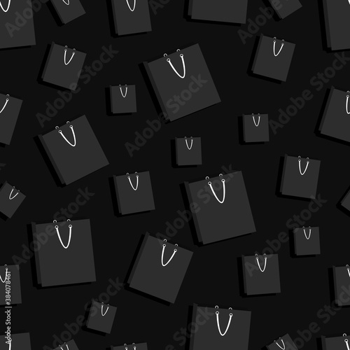 seamless pattern with black paper bag on dark background. cute sale banner on black friday. illustration in flat style