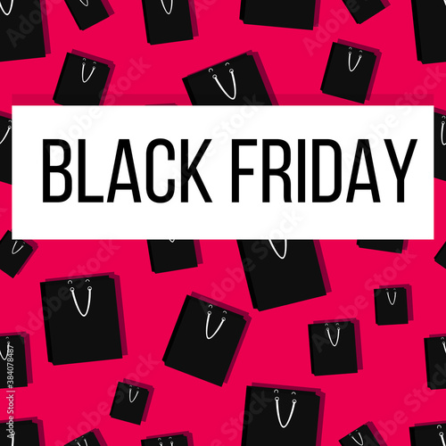 seamless pattern with black paper bag on pink background. cute sale banner on black friday. illustration in flat style