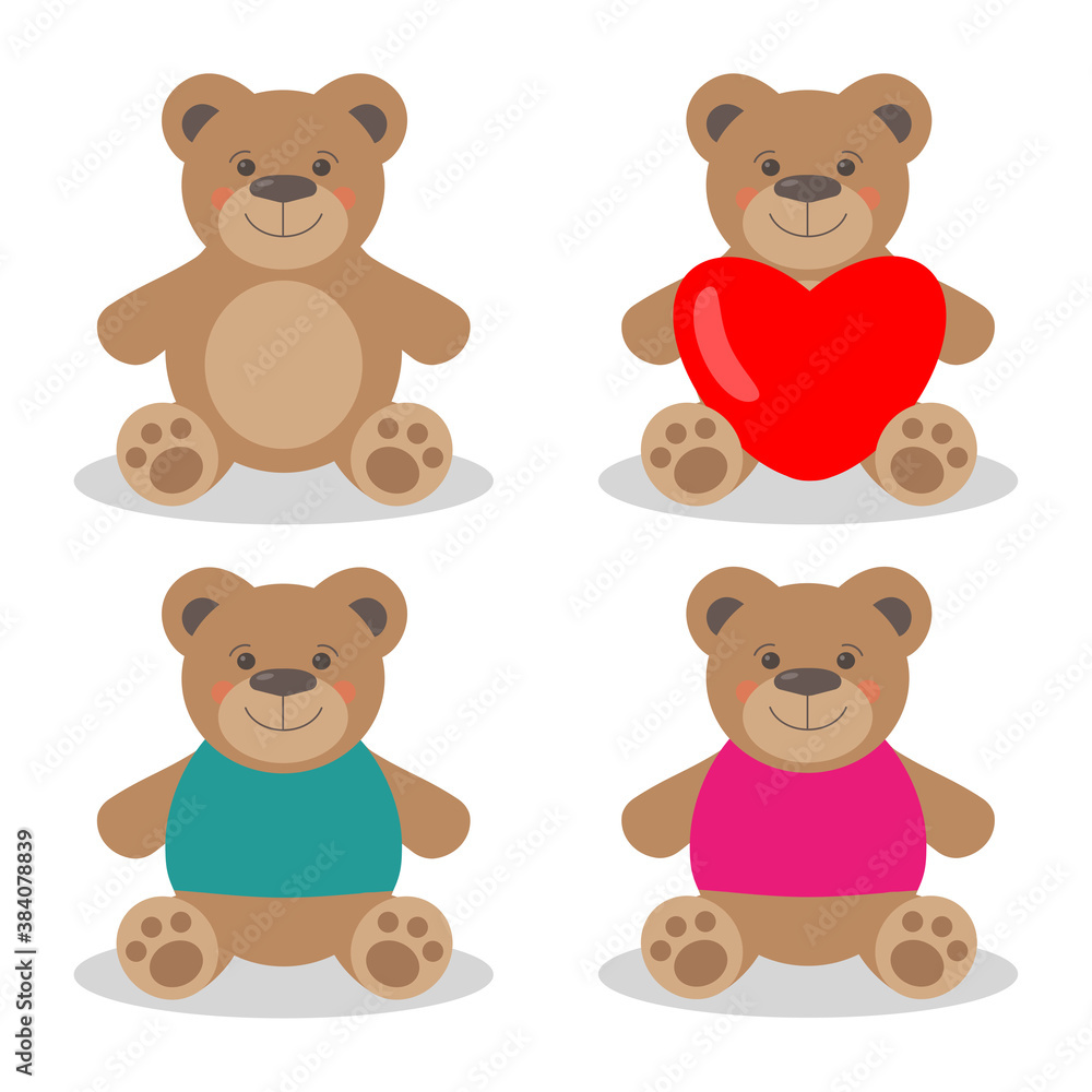 set of cute bear toy on white background. flat vector illustration