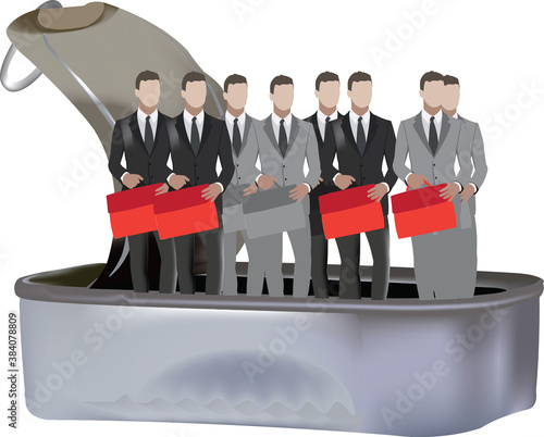 distinguished people at work squeezed into a can of sardines