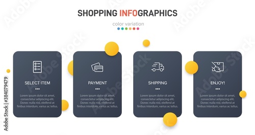 Concept of shopping process with 4 successive steps. Four colorful graphic elements. Timeline design for brochure, presentation, web site. Infographic design layout.