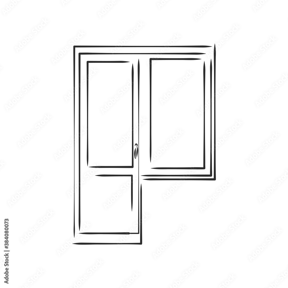 Modern double pvc sash on light inside wall backdrop. Freehand outline black ink hand drawn, window, vector sketch illustration Modern double pvc sash on light inside wall backdrop. Freehand outline black ink hand drawn, window, vector sketch illustration