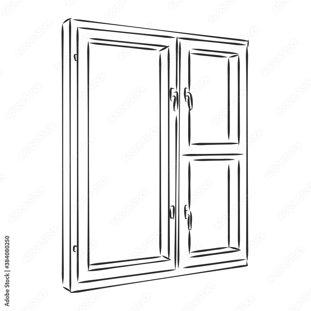 Modern double pvc sash on light inside wall backdrop. Freehand outline black ink hand drawn, window, vector sketch illustration Modern double pvc sash on light inside wall backdrop. Freehand outline black ink hand drawn, window, vector sketch illustration