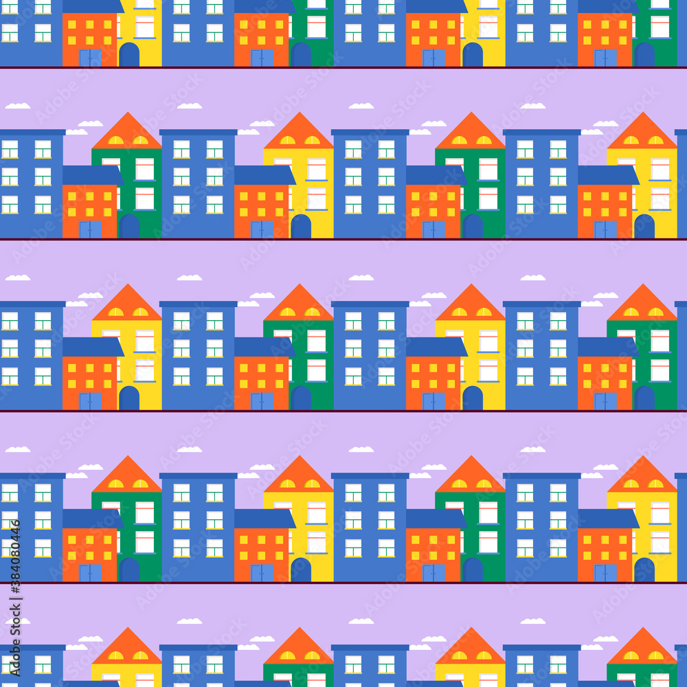 Seamless pattern houses and streets, roofs of building. Cute cityscape colorful background for kids textile, wrapping paper, textile design. Vector background with town and trees Seamless pattern houses and streets, roofs of building. Cute cityscape colorful background for kids textile, wrapping paper, textile design. Vector background with town and trees