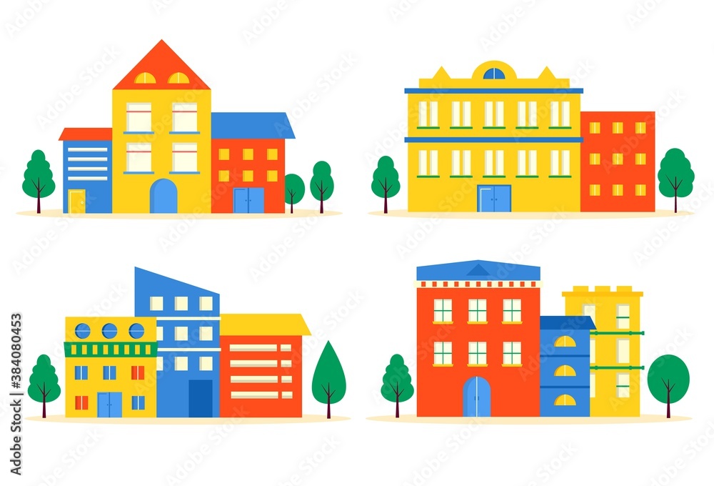 Collection of Small modern houses facade with window, garage, balcony and roof. Exterior of building apartment with trees. Vector cityscape illustration. simple background in geometric style