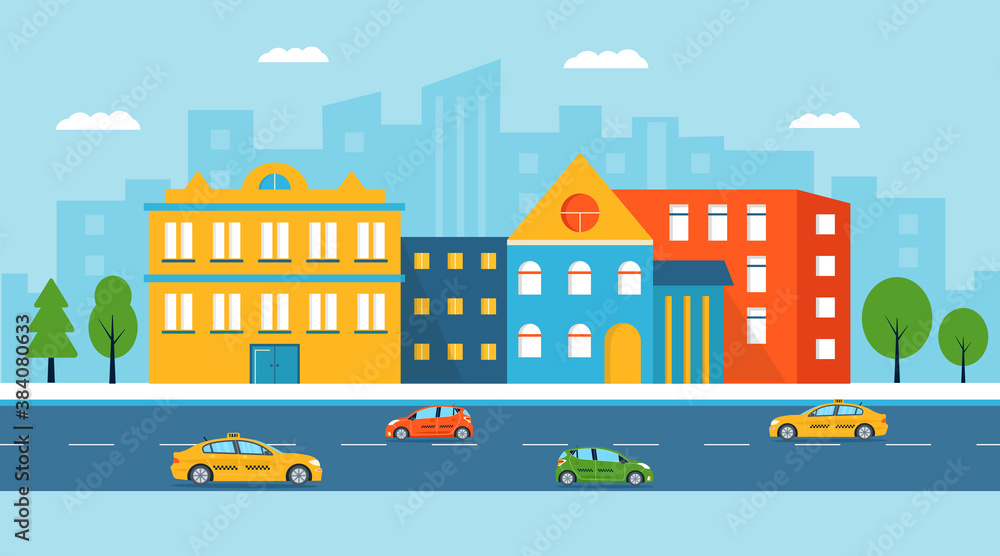 City landscape with cars and small modern houses facade with window, garage, balcony and roof. Exterior of building apartment with trees. Vector cityscape illustration. simple background