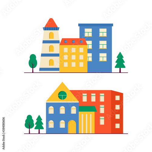 Collection of Small modern houses facade with window, garage, balcony and roof. Exterior of building apartment with trees. Vector cityscape illustration. simple background in geometric style