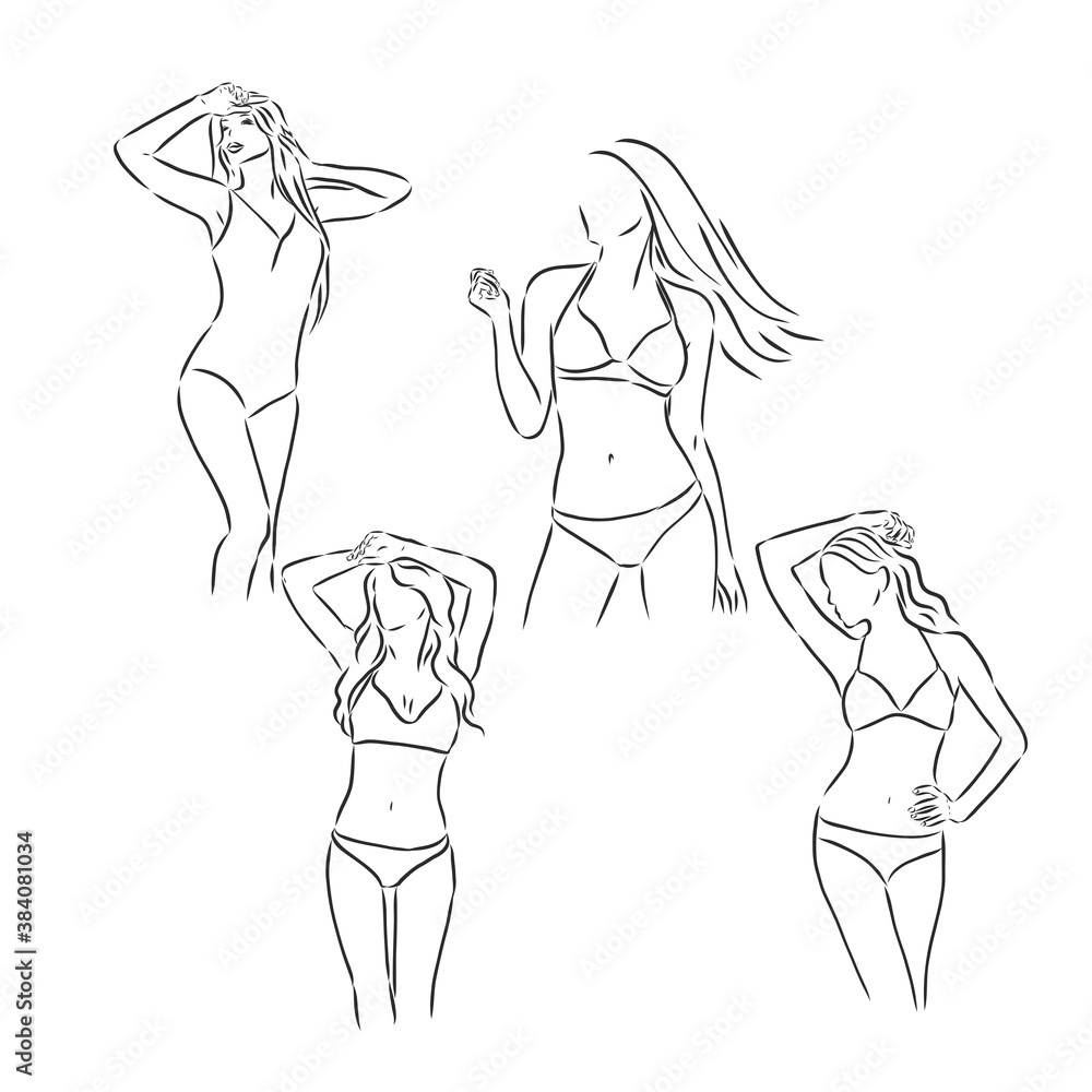 VECTOR Background with the beautiful young woman in bikini, girl in a swimsuit, vector sketch illustration