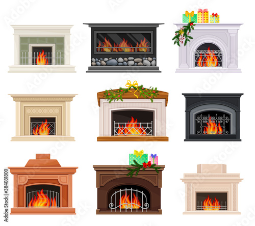 Stone Fireplace or Hearth with Mantelpiece and Burning Fire Vector Set