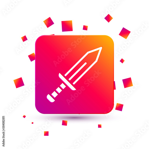 White Sword icon isolated on white background. Medieval weapon. Square color button. Vector.