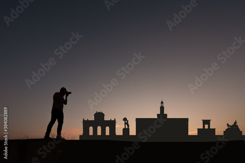 man next to silhouette skyline of madrid city in spain