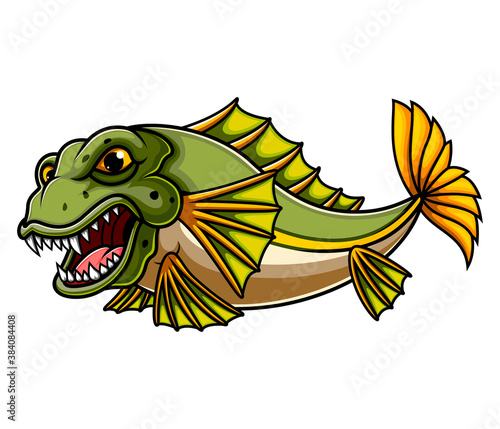 Angry fish cartoon on white background