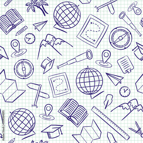 Seamless doodle pattern with school geographic elements. Pattern with hand drawn education objects, globe, map, spyglass, navigation, route, ruler on checkered notebook sheet. Vector background.