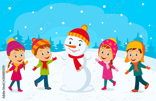kids, boys, girls and snowman on the winter background, illustration,vector