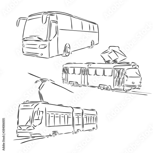 Isolated vector illustration of a tram. Public urban transportation. Hand drawn linear doodle ink sketch. Black silhouette on white background., tram, vector sketch illustration