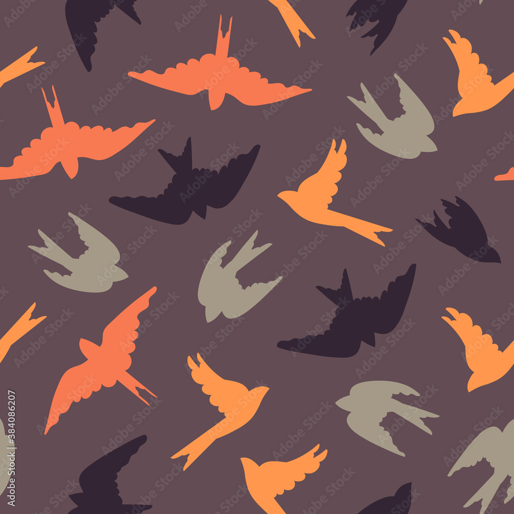 Seamless pattern with migrating birds. Colored birds on a purple background. Surface design. Vector illustration.