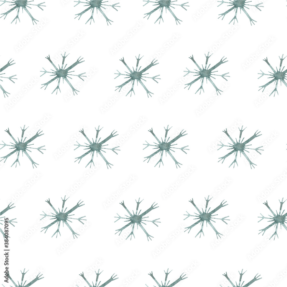 Seamless pattern with watercolor snowflakes. Festive winter background. Christmas, new year, season, season, snow, snowfall. Use for printing, wallpaper, textiles, packaging, scrapbooking.
