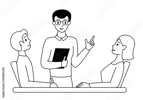 Teamwork concept. Meeting in the office. People communicate at work. Vector illustration. Black outline.