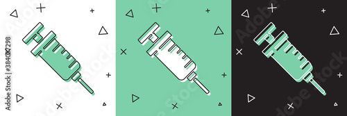 Set GMO syringe icon isolated on white and green, black background. Genetically modified organism acronym. Dna food modification. Vector.