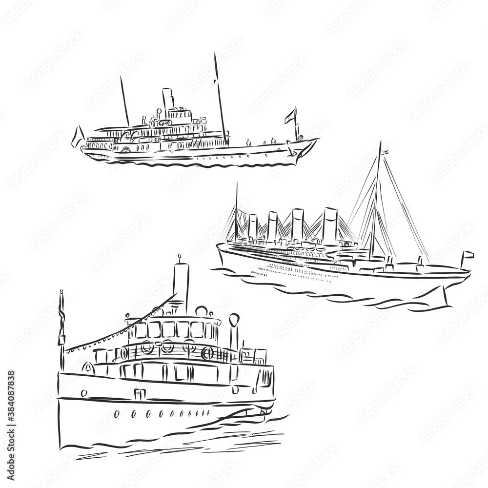 ship, steamboat, steamship, doodle style, sketch illustration, hand drawn, vector. steamship, vector sketch