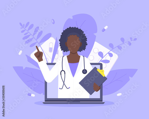 Online doctor medical service concept with doctor in the laptop vector illustration. Telemedicine web consultation for patients health care check ups and taking medicine prescription pills.