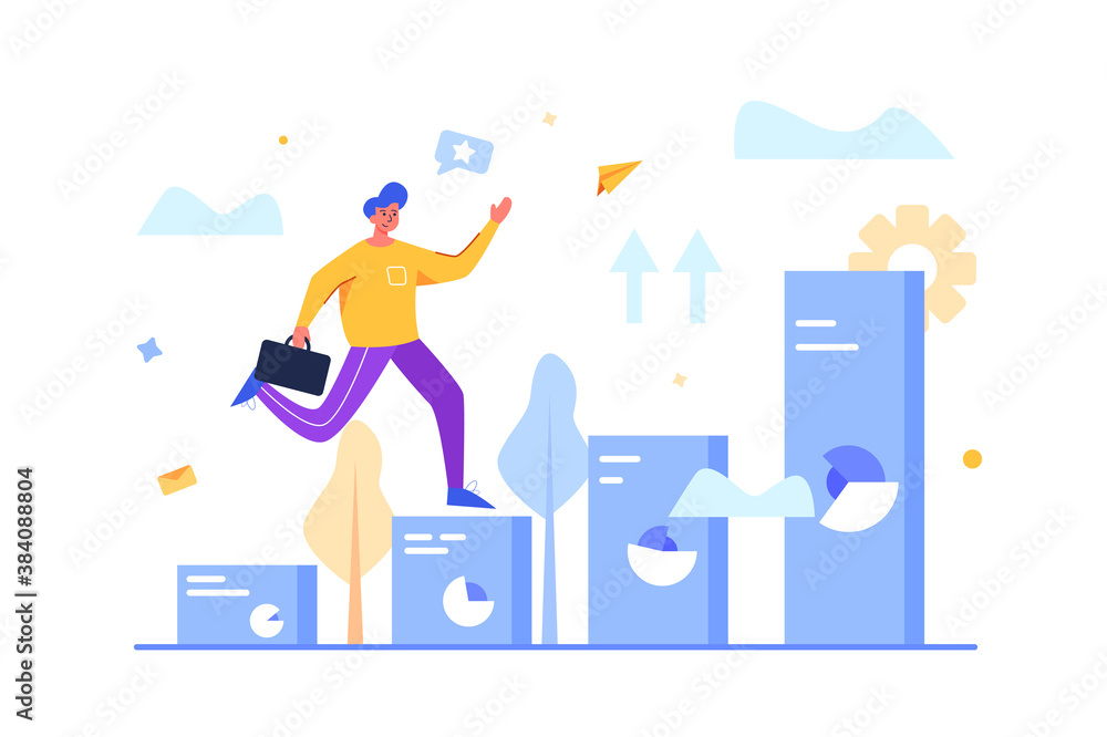 Guy with suitcase runs upward graph towards his goal isolated on white background, flat vector illustration.