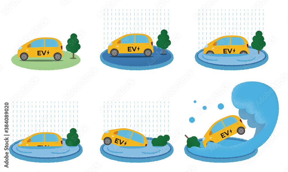 水害に遭う黄色い電気自動車のベクターイラストセット Stock Vector Adobe Stock